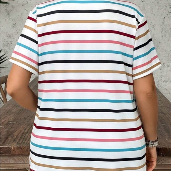 SHEIN White Short Sleeve Tee with Multicolor Stripes - Picture 2 of 5